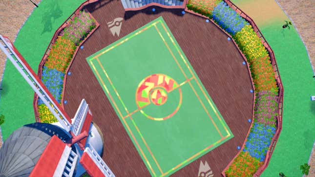 A windmill towers over a Pokémon battle course in Pokémon Scarlet and Violet.