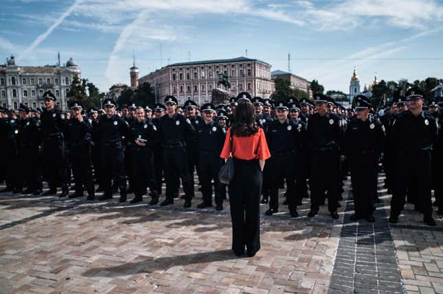 Eka Zguladze addresses Kyiv Police before their swear in ceremony on Sofiiskaya Square in central Kyiv.
