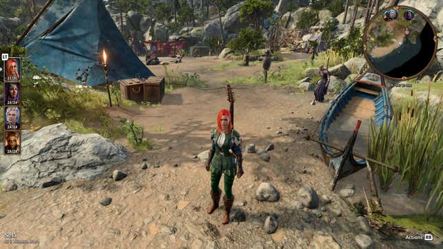 A screenshot of Baldur's Gate 3 on the Ally shows a character standing in camp.