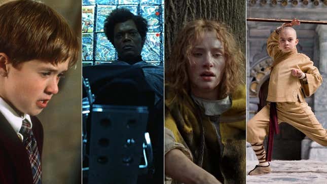 Four images from M. Night Shyamalan films fixed together: Haley Joel Osment in The Sixth Sense, Samuel L. Jackson in Unbreakable,  Bryce Dallas Howard in The Village, and Noah Ringer in The Last Airbender.