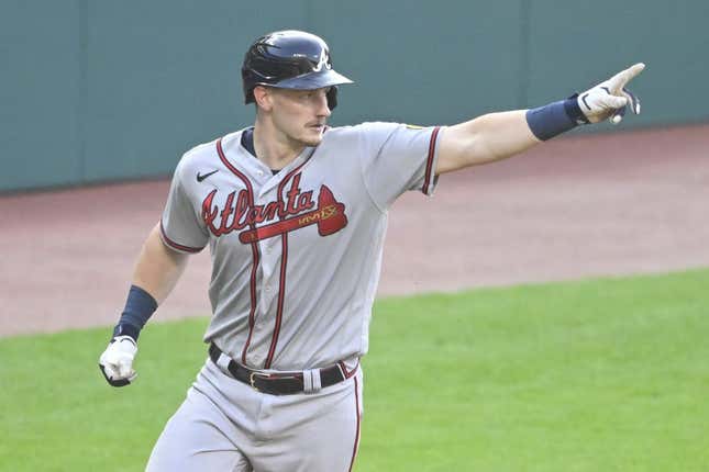 Jul 5, 2023; Cleveland, Ohio, USA; Atlanta Braves catcher Sean Murphy (12) celebrates his solo home run in the third inning against the Cleveland Guardians at Progressive Field.