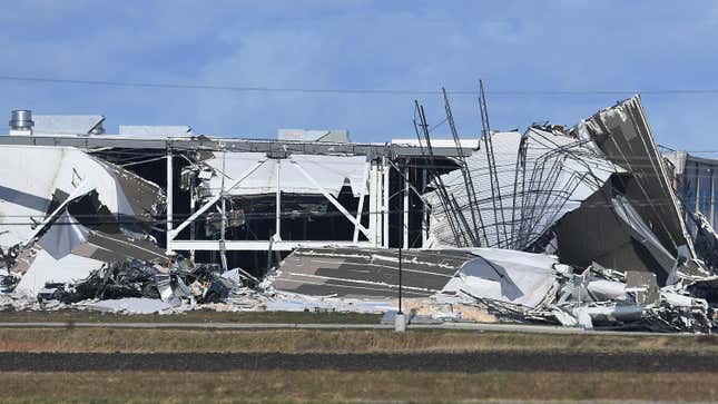 Extensive damage to an Amazon Distribution Center is seen on December 11, 2021, in Edwardsville, Illinois.