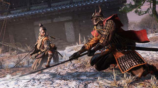 A screenshot shows to men fighting with swords in Sekiro. 