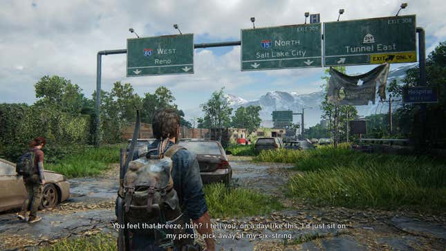 Joel and Ellie walk down a highway outside Salt Lake City while Joel comments on the breeze in a moment from the game The Last of Us.