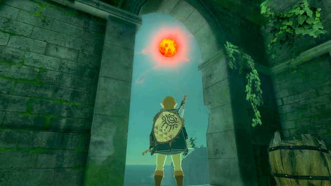 Link stares at a red moon. 