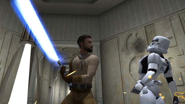 A screenshot shows Kyle Katarn with a blue lightsaber as he attacks a stormtrooper.