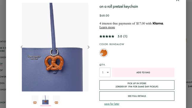 Screenshot of the order page for Kate Spade's I Love NY pretzel keychain