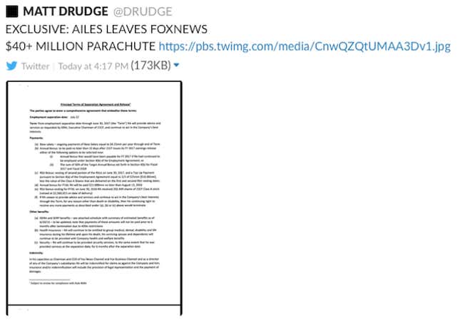 Screenshot from within Slack of tweet sent by @Drudge on July 19.