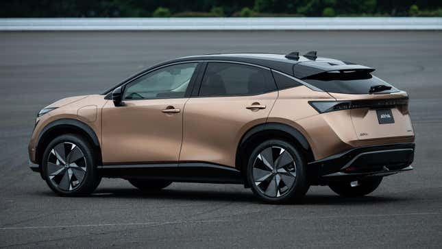 Rear quarter view of the Nissan Ariya in bronze.