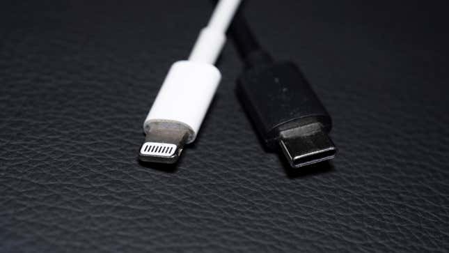 An Apple Lightning charging cable (left) is seen next to a USB-C charging cable (right). 