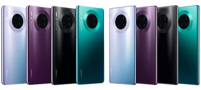 Los nuevos Mate 30 a la izquierda y los nuevos Mate 30 Pro a la derecha