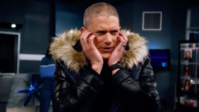 Wentworth Miller as Leo-X in a coat with a fur hood, expressing his delight at being needed to save the day.