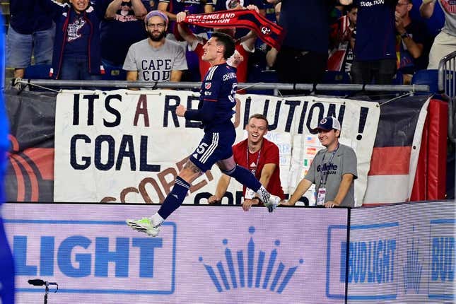 Sep 2, 2023; Foxborough, Massachusetts, USA;  New England Revolution attacker Tomas Chancalay (5) leaps in the air after scoring a goal against the Austin FC during the first half at Gillette Stadium.