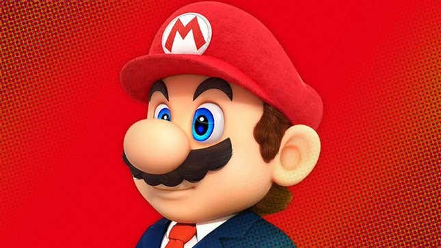 Mario stands proudly against a red background while wearing a suit. 