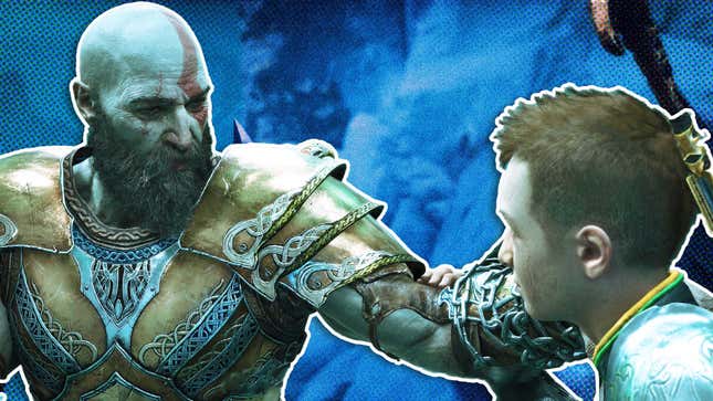 Kratos comforts his son Atreus by placing his hand on his shoulder. 