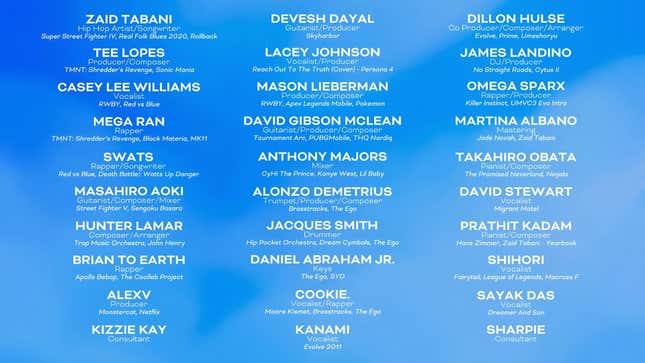 A screenshot of the artists names involved with the EVO 2022 soundtrack.