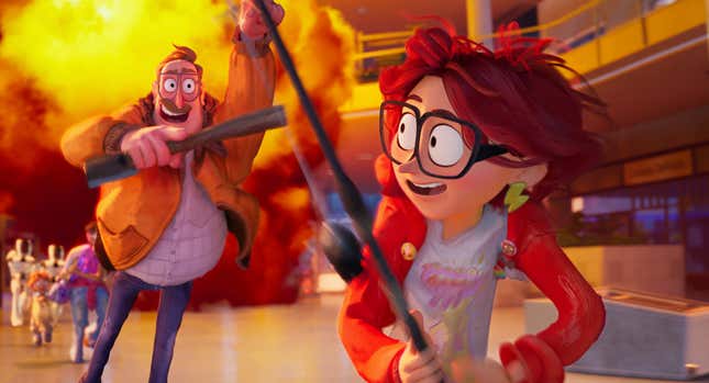 A smiling Katie Mitchell and her father run from an explosion and evil robot, her mom and brother close behind.