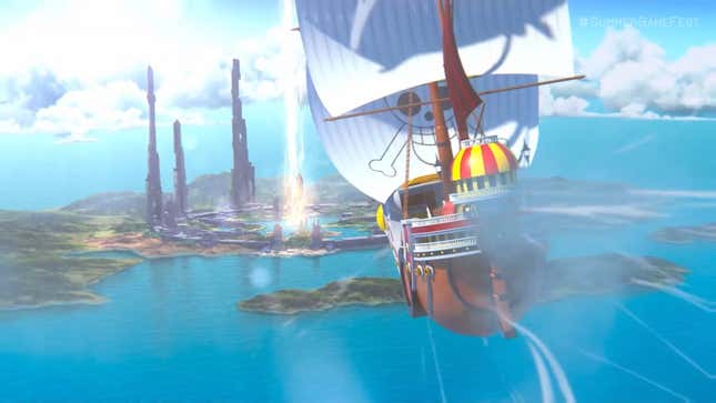 The Straw Hat pirate ship plummets from the sky towards a mysterious island. 