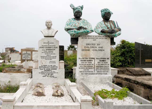And there is no shortage in the use of ornaments. Here, sculptures are mounted on tombstones at a cemetery in Lagos.