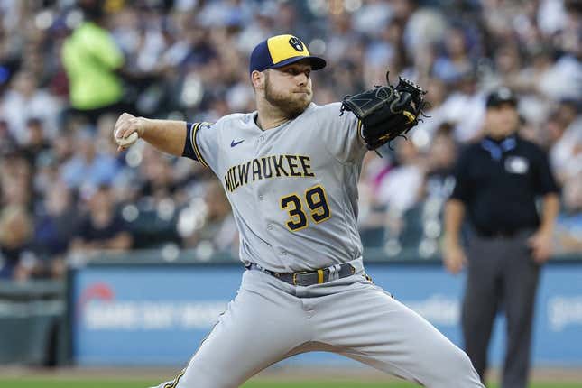 Aug 11, 2023; Chicago, Illinois, USA; Milwaukee Brewers starting pitcher Corbin Burnes (39) delivers a pitch against the Chicago White Sox during the first inning at Guaranteed Rate Field.