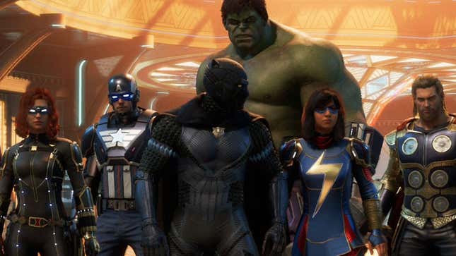 An image of the Avengers from Marvel's Avengers startup screen, featuring Black Widow, Captain America, Black Panther, Hulk, Ms. Marvel, and Thor. 