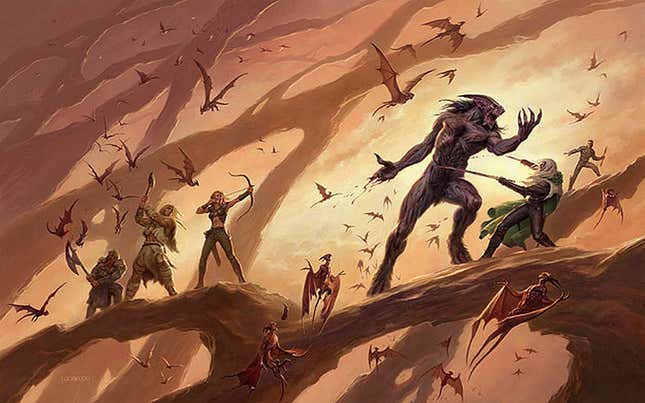 Full reprint cover by Todd Lockwood. From left: Bruenor, Wulfgar, Catti-Brie, demon, Drizzt, and Regis.
