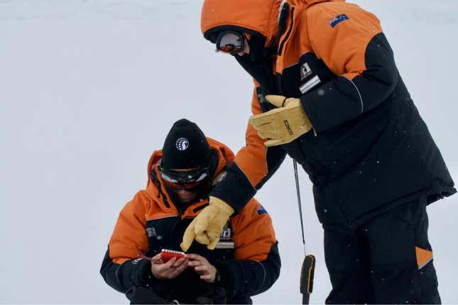 Researchers view snow samples in 2019.