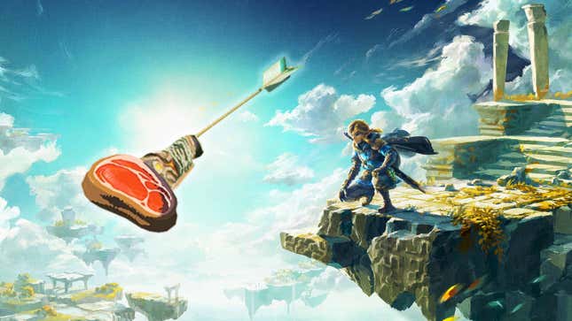 Altered Tears of the Kingdom box art shows link kneeling in front of a floating meat arrow. 