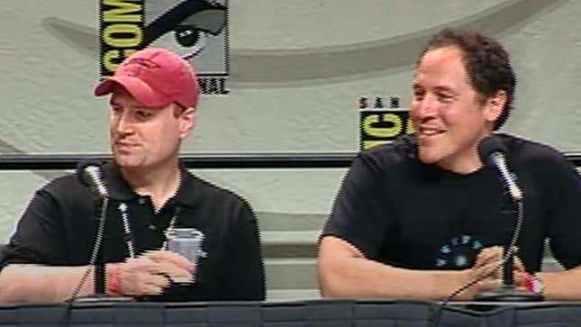 Kevin Feige and Jon Favreau, seen here at San Diego Comic-Con 2007-ish, reunited to talk 15 years of Iron Man.