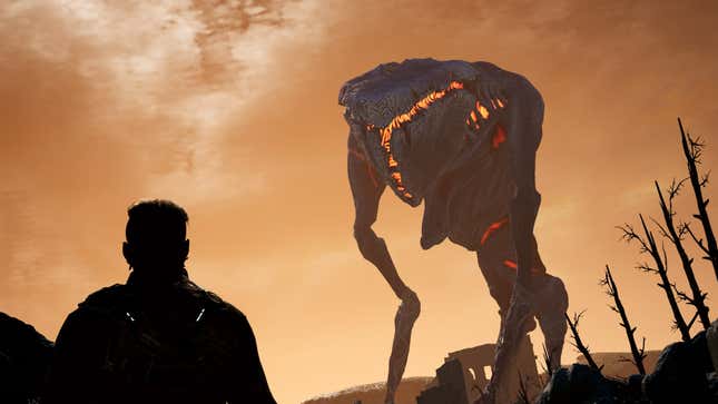 A silhouetted Outrider looks a giant alien set against the sunset in Outriders.