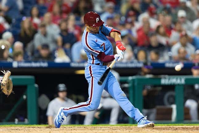 Apr 20, 2023; Philadelphia, Pennsylvania, USA; Philadelphia Phillies shortstop Trea Turner (7) hits a double during the eighth inning against the Colorado Rockies at Citizens Bank Park.
