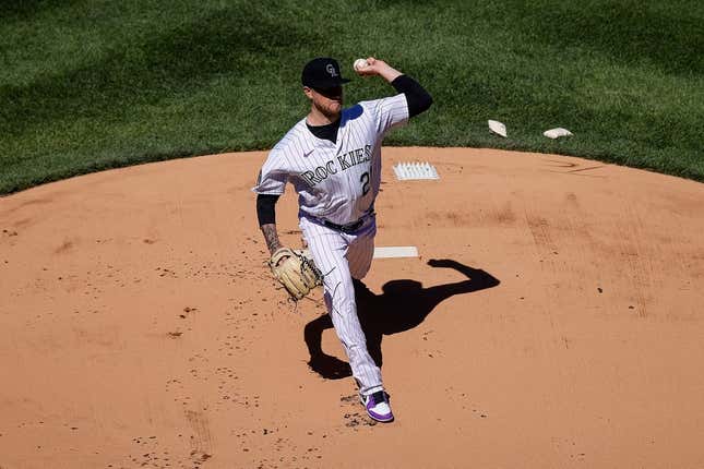 Apr 6, 2023; Denver, Colorado, USA; Colorado Rockies starting pitcher Kyle Freeland (21) delivers a pitch in the first inning against the Washington Nationals at Coors Field.