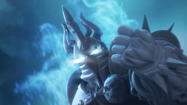 A mostly blue illustration of World of Warcraft's Lich King with his fist closed.