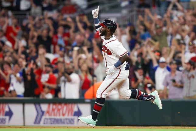 Aug 1, 2023; Atlanta, Georgia, USA; Atlanta Braves center fielder Michael Harris II (23) celebrates after a home run against the Los Angeles Angels in the seventh inning at Truist Park.