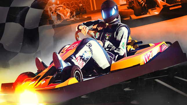 A GTA Online player driving a go-kart armed with machine guns.