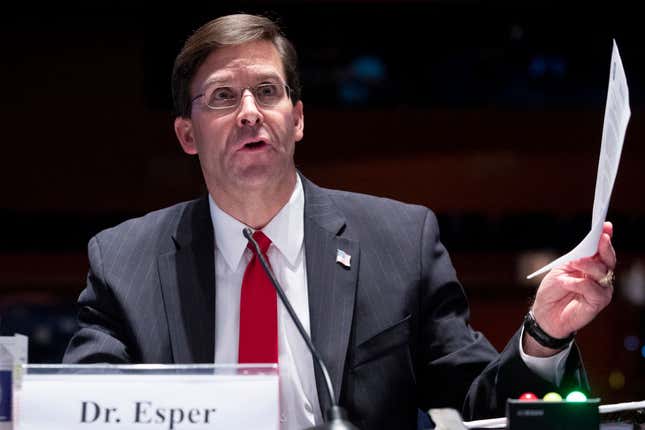  US Secretary of Defense Mark Esper testifies before the US House Armed Services Committee hearing on ‘Department of Defense Authorities and Roles Related to Civilian Law Enforcement, July 9, 2020, on Capitol Hill in Washington, DC. 