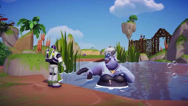 Buzz Lightyear chats up Ursula by a pond.