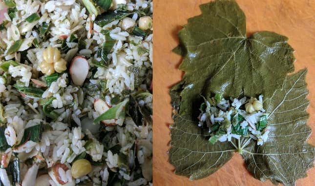 Non traditional stuffed grape leaf with cooked rice, slivered almonds, pickled nasturtiums, fresh sorrel and other herbs being rolled into dolmades. These were not cooked afterwards, but served fresh, at room temperature. 