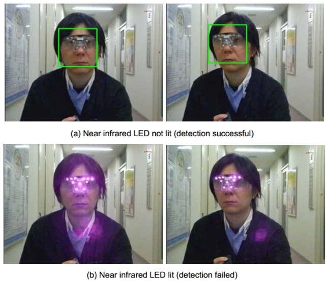 A man wearing a visor, detected by facial recognition in two images on the top, and undetectable in two images on the bottom.