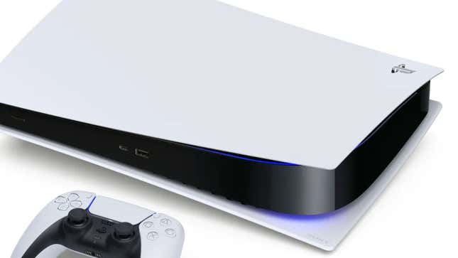 An image of a PlayStation 5 with the DualSensen controller lying in front of the console.