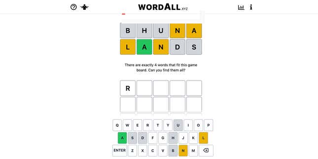The top two words are BHUNA and LANDS. Then a message says "There are exactly 4 words that fit this game board. Can you find them all?"