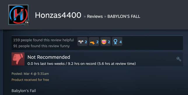 Image for article titled Babylon’s Fall, As Told By Steam Reviews