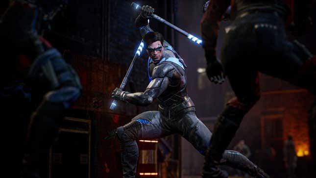 Dick "Nightwing" Grayson squares off against some Gotham City hooligans, preparing to tenderize them with his sticks.