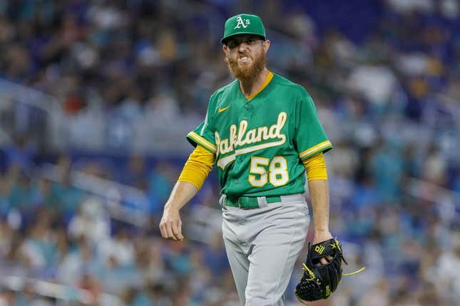 Jun 4, 2023; Miami, Florida, USA; Oakland Athletics starting pitcher Paul Blackburn (58) reacts against the Miami Marlins during the fourth inning at loanDepot Park.