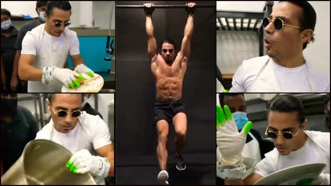 Collage of Salt Bae washing dishes with a beauty shot of his rock hard abs