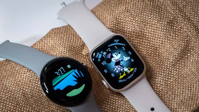 A photo of the Pixel Watch and Apple Watch