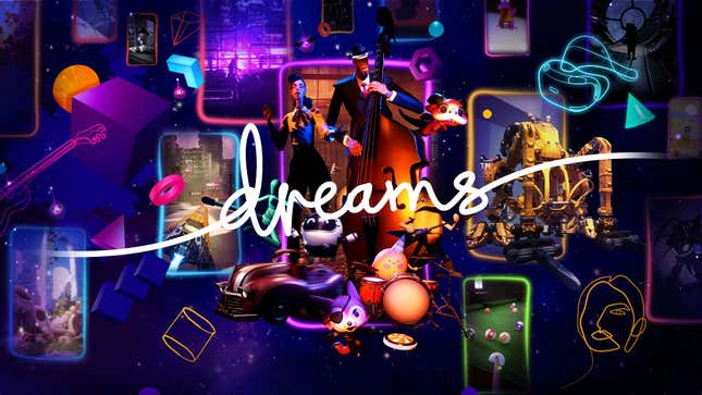 A collage is seen depicting several characters and environments made in Dreams.
