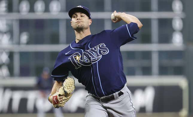 Oct 1, 2022; Houston, Texas, USA; Tampa Bay Rays starting pitcher Shane McClanahan (18) delivers a pitch during the third inning against the Houston Astros at Minute Maid Park.