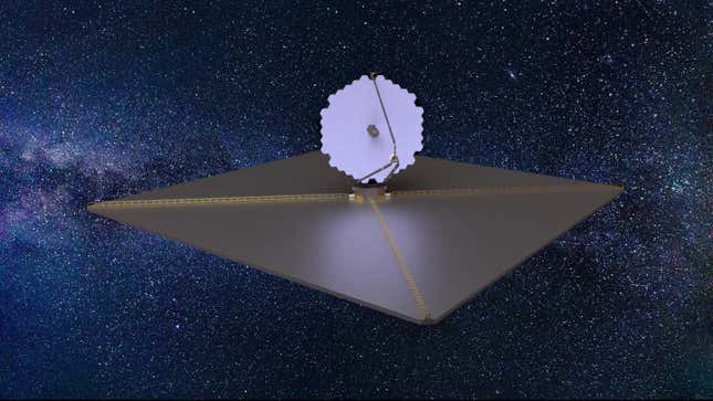 Imagen artística de LUVOIR, un telescopio de 15 metros que fue uno de los primeros conceptos de la NASA para un futuro telescopio espacial. El observatorio de Mundos Habitables no sería tan grande como este.
