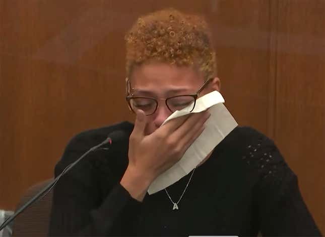 In this screen grab from video, Alayna Albrecht-Payton, the woman who was in Daunte Wright’s vehicle when he was fatally shot on April 11, 2021, by police in a Minneapolis suburb last year, testifies as Hennepin County Judge Regina Chu presides over court, Dec. 9, 2021, in the trial of former Brooklyn Center Police Officer Kim Potter at the Hennepin County Courthouse in Minneapolis. Albrecht-Payton is suing the city and the former officer, Potter, who killed him.